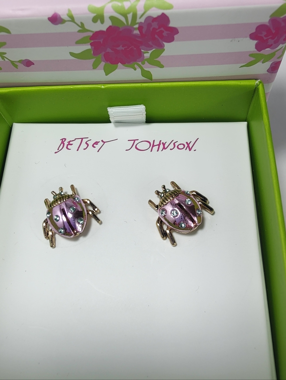 Betsey Johnson Ladybug Earrings Metallic Pink Enamel Crystal Rhinestone